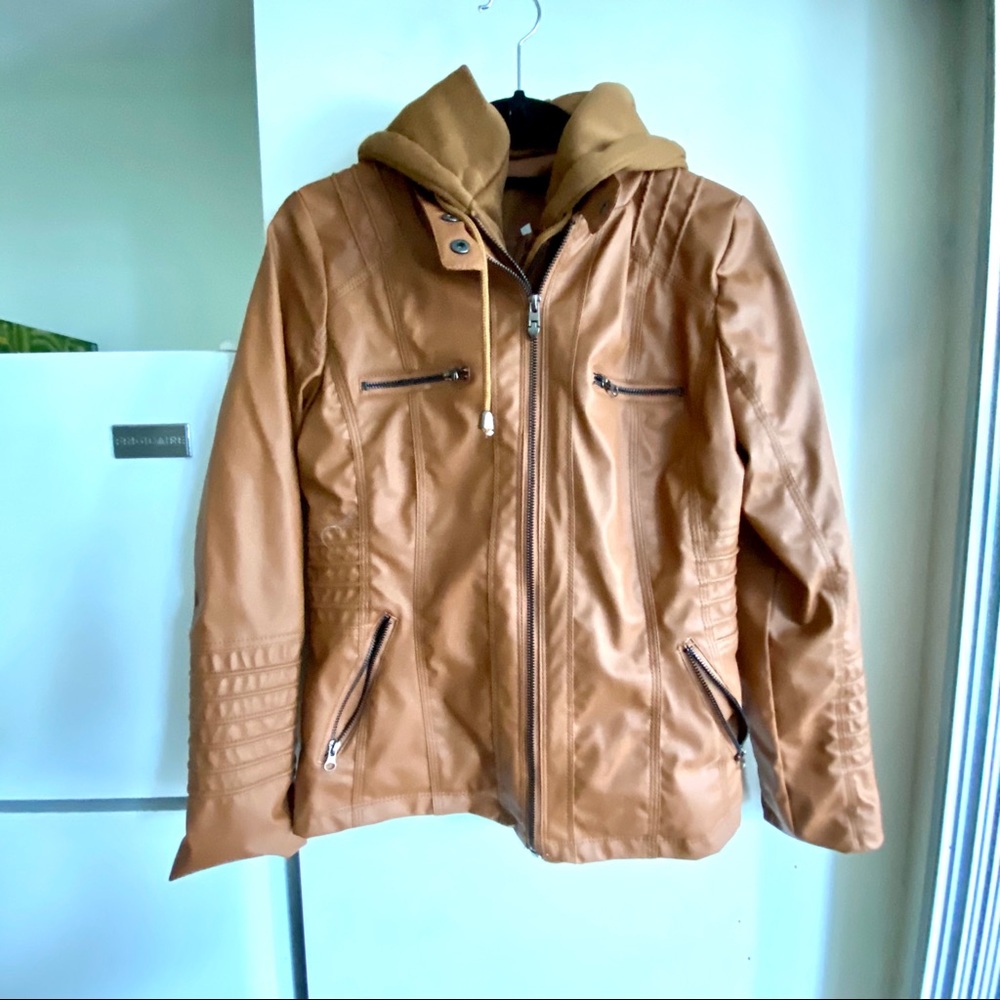 Medium tan jacket with removable hood